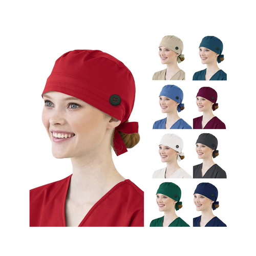 Medical scrub cap with button and sweatband - Adjustable bouffant style